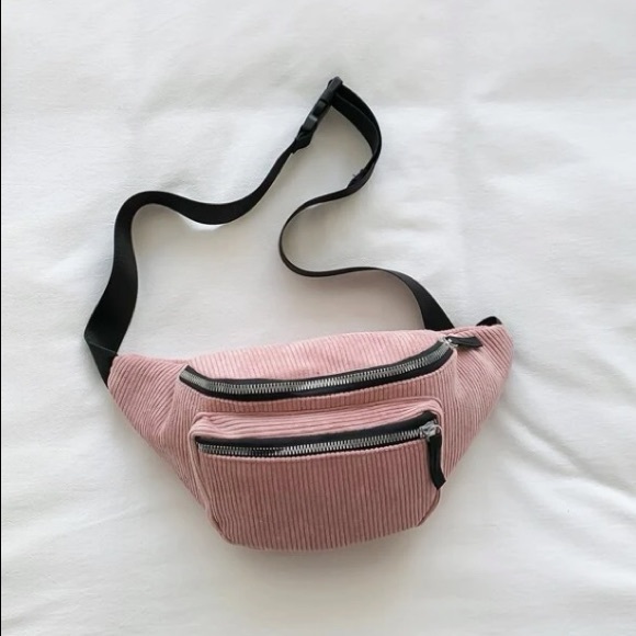 💙 Women's Pink Double Zip Front Pockets Corduroy Adjustable Strap Fanny Pack - Picture 5 of 8